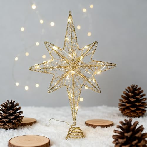 YushengTai Weihnachtsbaum Topper Stern 23cm mit LED Beleuchtung - Glitzer Christbaumspitze in Gold für Tannenbaum - Beleuchteter Stern Topper- Festliche Weihnachtsdekoration
