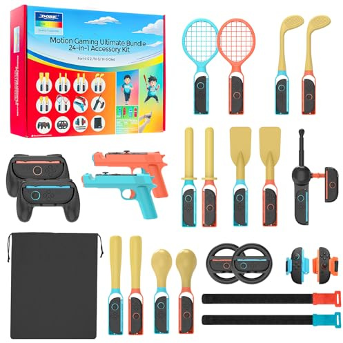 24-in-1 Sports Accessories Compatible with Switch 2 2025, Accessories Bundle with Golf Tennis Racket Controller Grip Club Paddle Baseball Bat Wrist&Leg Straps