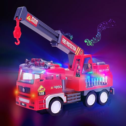 MPQMPQ Fire Engine Toys for Kids - 3 4 5 6 Year Olds Boy Fire Truck Toys with Music & Light, Rotating, Obstacle-avoiding Large Electric Fire Engine Toddler Indoor Toy (Emergency Tender)