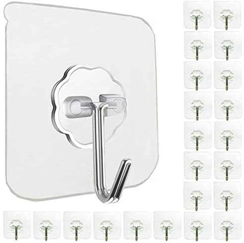 LAIBUY 24 Pack Heavy Duty Self Adhesive Hooks - 33lb Max, Transparent, Waterproof, Sticky Wall Hooks for Keys, Bathroom, Shower, Outdoor, Kitchen, Door, Home Improvement, Utility