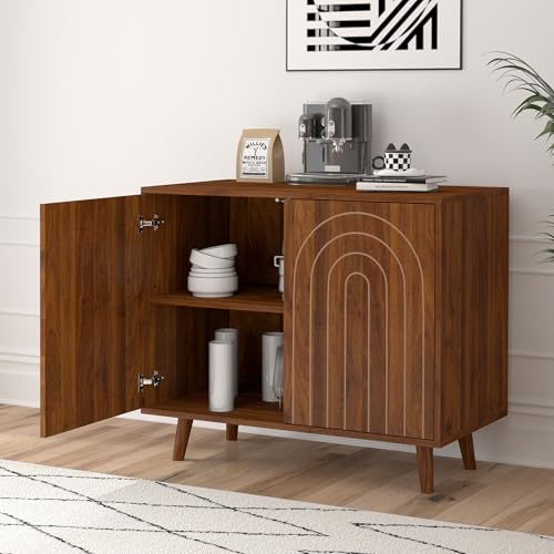 GuannCraft Meuble de Rangement à Portes rainurées Couleur Noyer — doté d'étagères réglables, Buffet d'entrée et de Couloir de Style Moderne, idéal pour Le Rangement à la Maison.