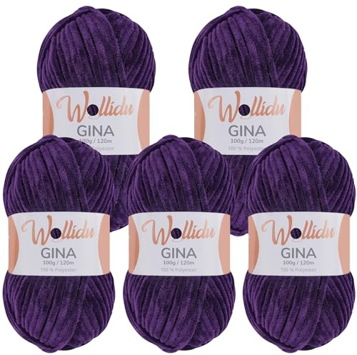Wollidu Gina Chenille Wolle/Chenillegarn 5 × 100 g Set – 100% Polyester – je 120 m – Garnstärke 5 mm – zum Stricken & Häkeln – samtig-weiches Plüschgarn – Farbe Lila 0724