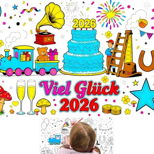 Papier-Tischdecke zum Ausmalen Silvester Deko 2026, Neujahrsglücksbringer Ausmalen Poster, Viel Gliick 2026 Ausmal-Tischdecke, Happy New Year Ausmaltischdecke, Tischdecke Silvester Basteln