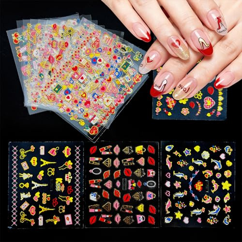 Valentine Nail Stickers, 30 Sheets Lips Flower Love Heart Nail Art Stickers Decals Self-Adhesive Valentine's Day French Sticker DIY Manicure Supplies for Women Girls