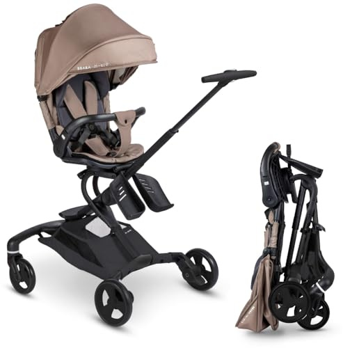 BÉABA X Micro Mobility, Baby Cruiser Kinderwagen Ab Geburt, 360° Drehbarer Sitz, 7 Positionen, 3 Neigungen, Einhand Faltbar, LED Räder, 5-Punkt Gurtsystem, XXL UPF 50+ Verdeck, Praline