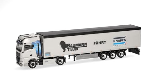 Herpa LKW Modell MAN TGX GX Schubboden-Sattelzug Baumann/Knapen, Miniatur im Maßstab 1:87, Sammlerstück, Made in Germany, Kunststoff