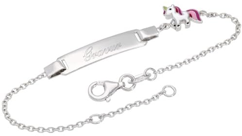 trendor Gravur-Armband für Kinder Einhorn 925 Silber Namensband 16/14 cm | eleganer Gravurschmuck für Kinder, feine Ankerkette