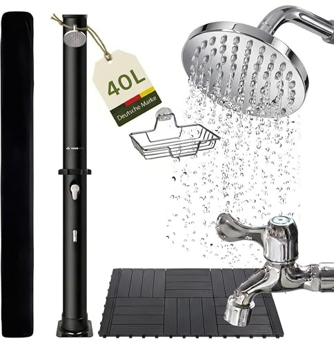 novaterra® Solardusche schwarz mit 40L Tank - Gartendusche & Campingdusche mit Bodenelement, Regenduschkopf, Fußdusche, Schutzhaube & Ablage, Solardusche Garten, Wassererwärmung bis 60°C ohne Strom