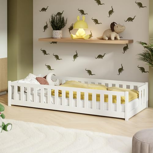 Kids Collective Kinderbett Bodenbett mit Rausfallschutz & Lattenrost Montessori Bett Bed Gitterbett Kinder Jugendbett Einzelbett | 90x200 cm | Weiß