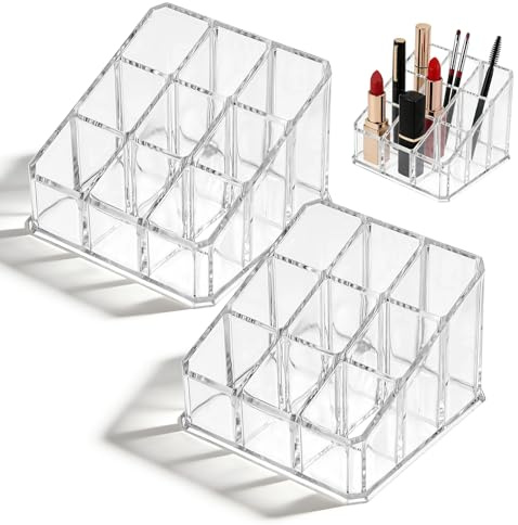 SRVAXZN Lippenstift Organizer Acryl, 2 Stück, 9 Fächern, Transparent | Klein, Für Lippenstifte und Bürsten, Lipgloss Aufbewahrung, Make-up Organizer