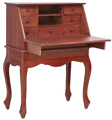RCODSSK Massivholz Sekretär Mahagoni Vintage Stil mit ausklappbarer Tafel und Fächern sowie Schubladen im klassischen Braun 78×42×103 cm