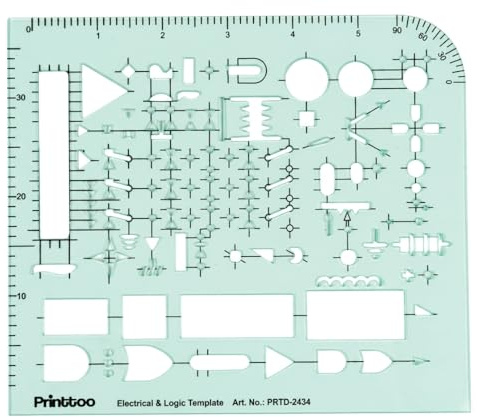 Printtoo Schaltplan-Zeichenschablone für elektrische und logische Symbole, 2 mm transparente technische Schablonenlineal mit Logikgattern, elektronischen Bauteilen, Winkelmarkierung und Skala für tech