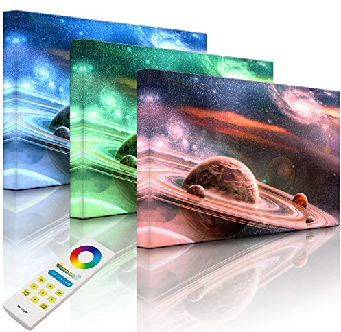 Lightbox-Multicolor | Wanddekoration Leuchtbild | Planet mit zahlreichen prominenten Ringsystem | 100x70 cm | Fully Lighted