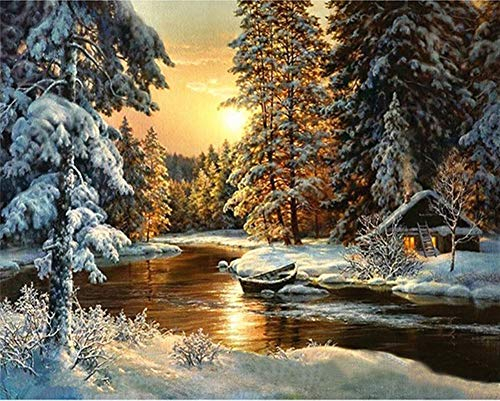 YEESAM ART Malen nach Zahlen Erwachsene Kinder, Sonnenuntergang Wald Fluss Schnee Szene 40x50 cm Leinen Segeltuch, DIY ölgemälde Weihnachten Geschenke