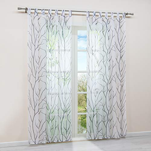 HongYa 1 Stück Schlaufenschal Transparente Gardine Schal Voile Vorhang mit Schlaufen Äste Muster H/B 245/140 cm Weiß Grau