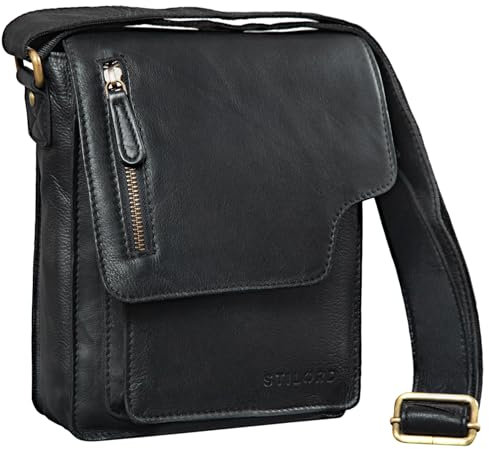 STILORD 'Pete' Umhängetasche Leder klein Männer Schultertasche Vintage Messenger Bag Herren 8,4 Zoll Tablettasche echtes Leder, Farbe:schwarz