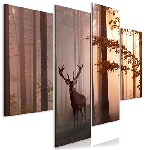 decomonkey Bilder Set Hirsch 126x98 cm 4 Teilig | Leinwandbilder Bild auf Leinwand Vlies Wandbild Kunstdruck Wanddeko Wand Wohnzimmer Wanddekoration Deko Wald Natur Tiere