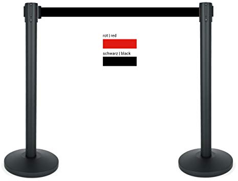 heyChef - 2er-Set | 200cm Gurtband schwarz, Absperrpfosten Edelstahl pulverbeschichtet schwarz, Abgrenzungs-Ständer oder Personen-Leitsystem, Gurt Abstandshalter