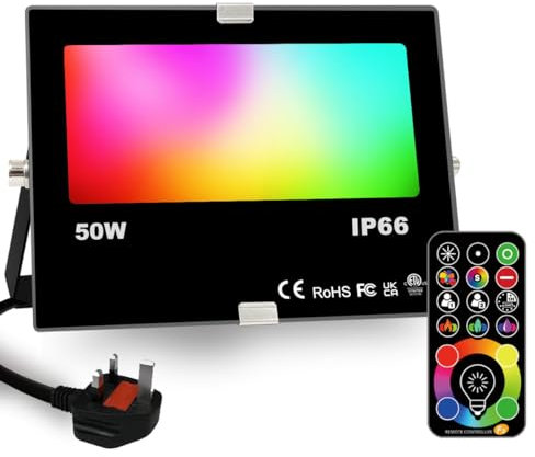HEKEE Projecteur LED à changement de couleur RVB équivalent à 400 W, mode stroboscopique, 120 couleurs, minuterie, projecteurs d'extérieur 4000 lumens, RVB blanc chaud 2700 K, étanchéité IP66