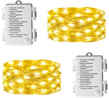 Eambrite 2 Pack Fairy Lights Battery Operated with 8 Modes 50 LEDs String Lights 5m Copper Wire Light Waterproof for Outdoor Garden Decor, Indoor Wedding Party Bedroom Decorations (16ft, Warm White)