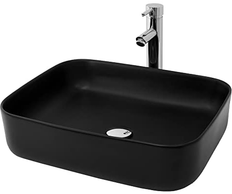 ML-Design Waschbecken aus Keramik in Schwarz Matt, 51x40,5x13,5cm, Rechteckige Aufsatzwaschbecken, Moderne Waschtisch, Waschschale mit Abflussloch, Waschplatz Handwaschbecken, für Badezimmer/Gäste-WC