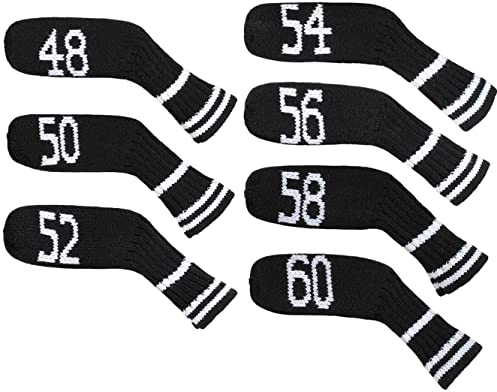 Knitted Wedge Golf Iron Headcovers 7 PCS Club Protector 48,50,52,54,56,58,60 Degree (Black)