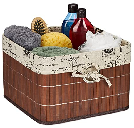 Relaxdays Aufbewahrungskorb, Bambus & Polyester, HxBxT: 20 x 31 x 31 cm, Körbchen mit Griffloch, Regalkorb, braun/Creme