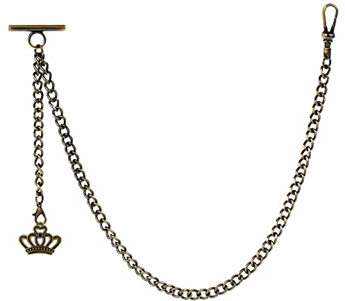 ZTA Albert - Reloj de bolsillo con cadena en T con diseño de corona, cadena colgante de eslabones de bordillo, 2 clips antiguos, barra en T para hombres, Bronce