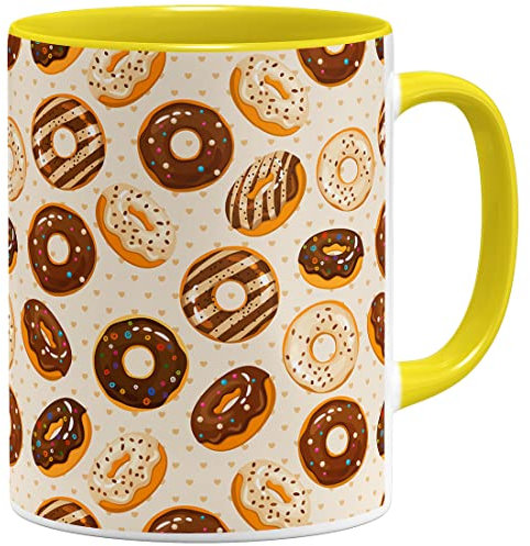 OM3® witzige Kaffeetasse Tasse mit Donut Muster | Keramik Becher | 11oz 325ml | Rundumdruck | Gelb