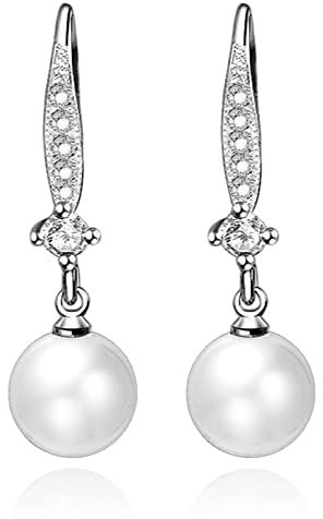 Earrings for Women, Damen Ohrringe Wassertropfen mit Perle Weißgold mit Weiß Rundschliff Zirkonia Weiß Vergoldet