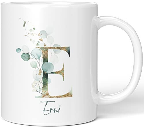 JUNIWORDS Tasse, Erni, Name Anfangsbuchstabe Initial Alphabet Floral Buchstabe E Monogramm Motiv, Weiß (5446451)