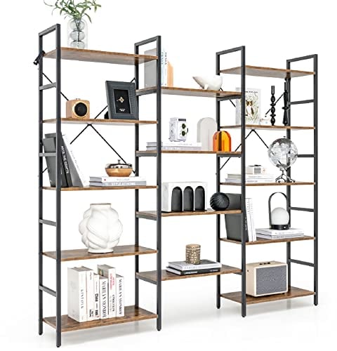 COSTWAY 5-Tier Industrial Bookshelf, Large Triple Ladder Bookcase Storage Shelving Unit with 14 Open Shelves, Freestanding Metal Frame Wooden Display Rack Shelf (176 x 30 x 165cm)