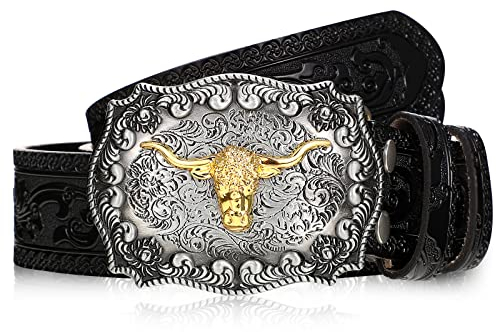 Jadive Herren Gürtel Western Cowboy Vintage Bull Leder Schnallen Gürtel Longhorn Schnalle Blumen Gravur (Schwarz, 105 cm)