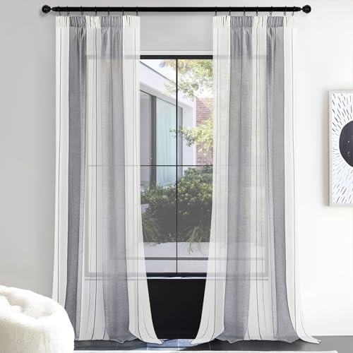 MRTREES Gardinen Wohnzimmer Halbtransparent Vorhänge Grau und Weiß 2er Set 260x140 cm Curtains Window Curtain Gardinen mit Kräuselband Streifen