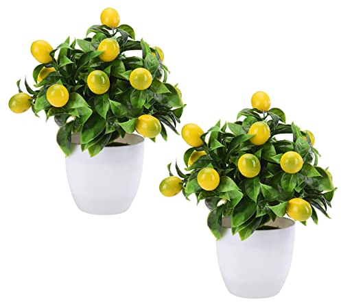 2 Stück künstliche Zitronenbaum-Dekoration, künstliche Zitronenpflanzen, künstlicher Zitronenbaum, Bonsai, künstlicher Grün, Mini-Zitronenbaum, getopft für Heimbüro-Dekorationen