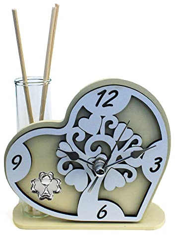 DLM34329 Profumatore Orologio Cuore in Legno Albero della Vita e Quadrifoglio Calice della Prima Comunione Diffusore Profumo bomboniera