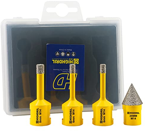 HIGHDRIL Diamant Bohrer Set - 4 Stück (6/6/8mm+20mm Fasenbohrer) Diamant Lochsäge Set für Keramik Porzellan Fliesen Granit Marmor Ziegel Dekton mit M14 Gewinde