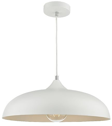 Matt White Metal Vintage Shallow Curved Dome Pendant Ceiling Light | 45cm Diameter | Braided White Cable | Chrome Accent | 1 x ES E27 Lamp Bulb Required | 240 Volts | Bedroom - Lounge - Kitchen