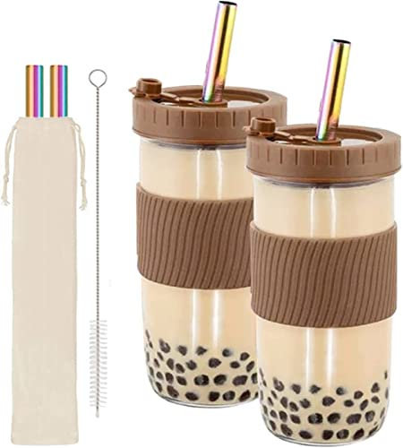 Home and travel thermos cups, Mason Jar Cups, 2 Pack Boba Bubble Tea Mugs, Reusable Wide Mouth Tumbler Smoothie Cups, Iced Coffee Cups with Lids and Straws, Travel Glass Drinking Bottle, Pink ( Color