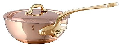 Mauviel M'150 B 1.5mm Polished Copper & Stainless Steel Curved Splayed Saute Pan With Lid, And Bronze Handle, 1.3-Qt, Made in France