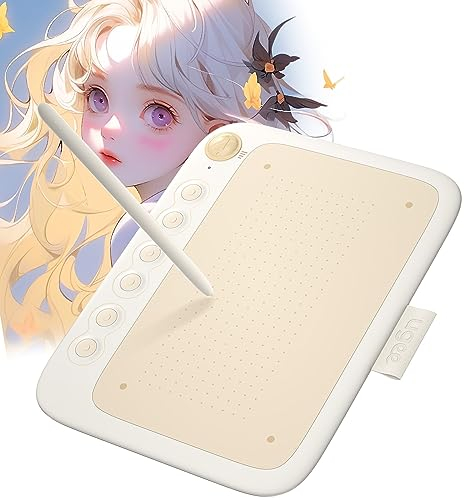 ugee Q6 Graphics Tablet 6 x 4 Inch Portable Drawing Tablet with Integrated Type-C Cable for Digital Drawing Online Lessons, Beige