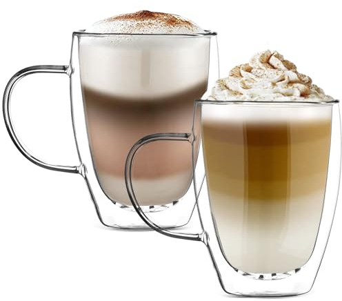 ARVINKEY 350ml Double Walled Coffee Glasses Cups Set of 2, Cappuccino Latte Macchiato Glasses Mugs with Handle, Borosilicate Heat Resistant Glass Cups for Coffee Tea Milk Juice Hot/Cold Drinks