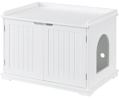 Panana Katzenschrank, Katzenklo Schrank, Katzenhaus mit 2 Tür und separater Trennwand Türeinstieg, Sitzbank, Katzenstreu-Aufbewahrungsbox, Weiß