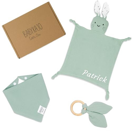 BABYKAJO Baby Geschenk personalisiert 3 Teilig – Schnuffeltuch mit Namen+ Beißring + Halstuch- Süßes Geschenke zur Geburt für Jungen und Mädchen!
