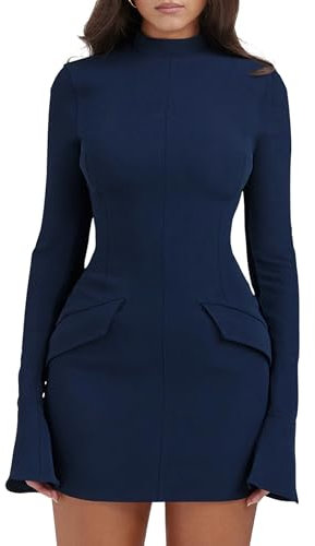 YMDUCH Women's Long Sleeve Mock Turtle Neck Bodycon Mini Tank Short Party Dress, Navy, L