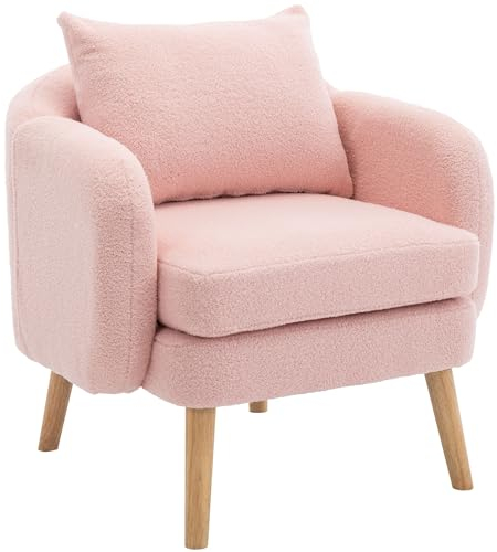 DRIXNO Teddy-Samt-Sessel Mit Kissen, Extra Dicker Kissen, Einzelner Sofa, Gepolsterter Sessel, Freizeit-Stuhl, Massivholz-Beinstuhl Rosa