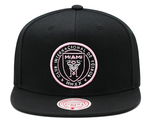 Mitchell & Ness Inter Miami CF MLS Primary Logo Snapback Hat Cap - Schwarz/Weiß/Hellrosa, Schwarz, Einheitsgröße