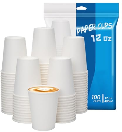 MOUMOULIFE 12OZ Disposable Paper Coffee Cups (100 Pack), Hot Coffee Paper Cups, Leak-Proof, Extra-Thick，Idea for Home, Office, Cafés | White