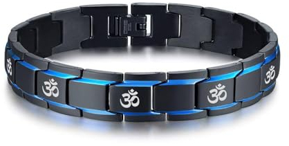 PJ JEWELLERY 2 Ton Schwarz Blau Edelstahl Aum Om Symbol Link Armband Hindu Yoga Armband Geschenk für Herren Jungen Tibetisch Meditation Schmuck,Tool zum Entfernen von Links