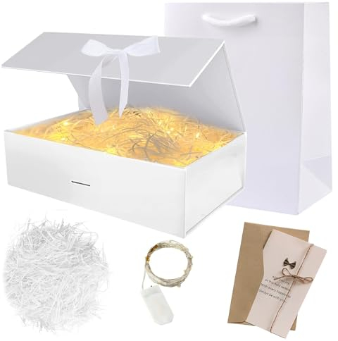 Geschenkbox mit Deckel, Faltbare Geschenkbox Hochzeit, 23 X 17 X 7 cm Magnetbox mit Schleife LED-Leuchten Grußkarten Geschenktüten für Weihnachten Geschenkverpackung Geburtstag Jubiläum-Geschenk Box
